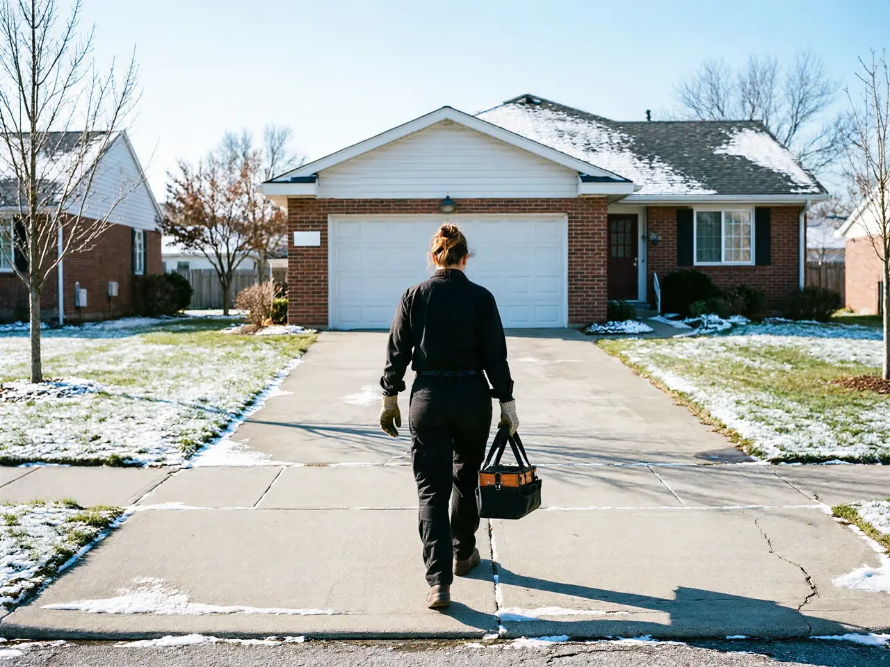 A technician walks toward a house with a white garage door, carrying a toolbox.