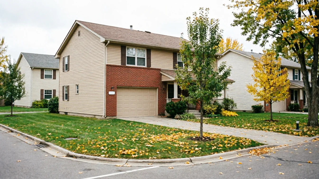 A beige house with a tan garage door and red brick siding.