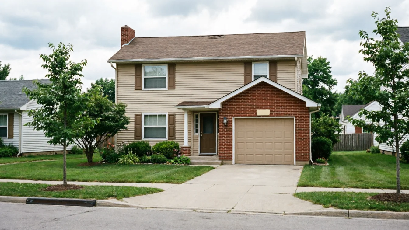 A two-story house with tan siding and a tan garage door.