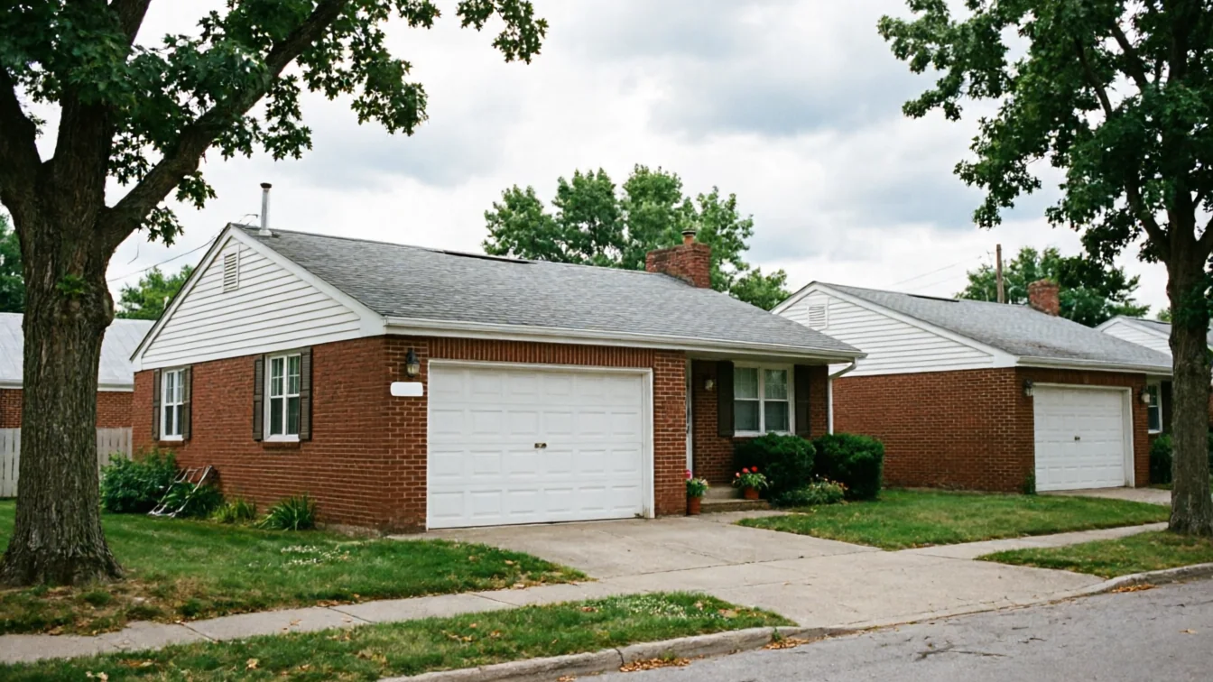 A row of brick houses with white garage doors and green lawns.