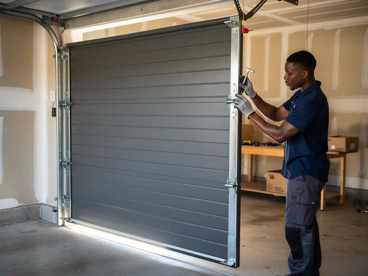 A technician in gloves works on a gray garage door with a hammer.