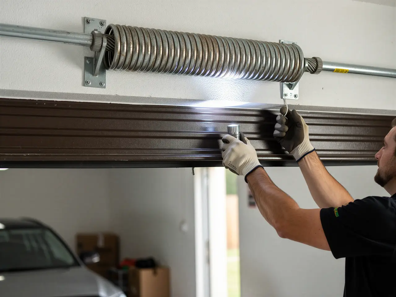 A technician wearing gloves works on a garage door torsion spring with a flashlight.