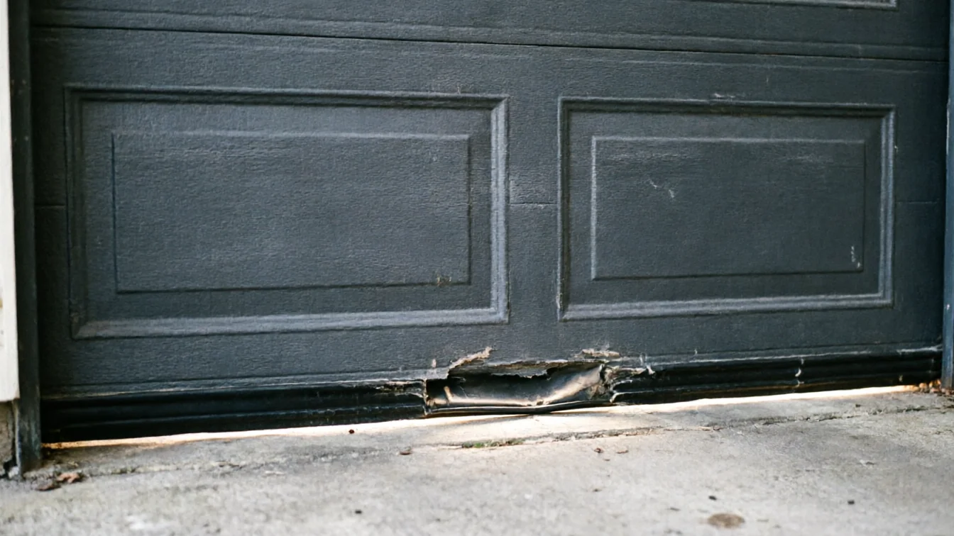 The dark gray garage door has a damaged bottom panel and weather stripping.
