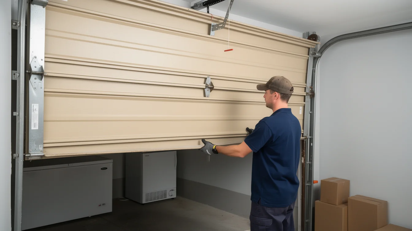 A technician in a cap and gloves adjusts a beige garage door.